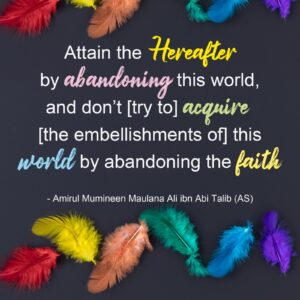 Attain the hereafter by abandoning this world and don’t [try to] acquire [the embellishments of] this world by abandoning the faith - Amirul Mumineen Maulana Ali ibn Abi talib (AS)