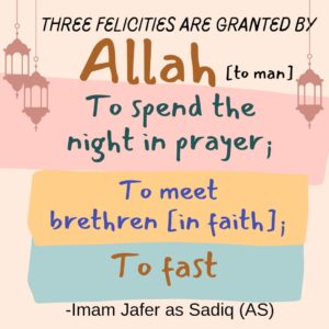 Three felicities are granted by Allah [to man]: to spend the night in prayer; to meet brethren [in faith]; to fast. -Imam Jafer as Sadiq (AS)