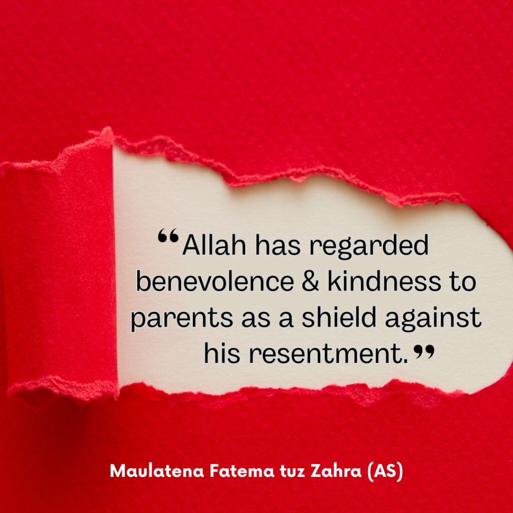 Allah has regarded benevolence & kindness to parents as a shield against his resentment - Maulatena Fatema tuz Zahra (AS)