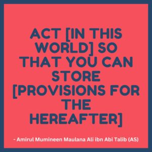 Act [in this world] so that you can store [provision for the hereafter]. - Amirul Mumineen Maulana Ali ibn Abi Talib (AS)