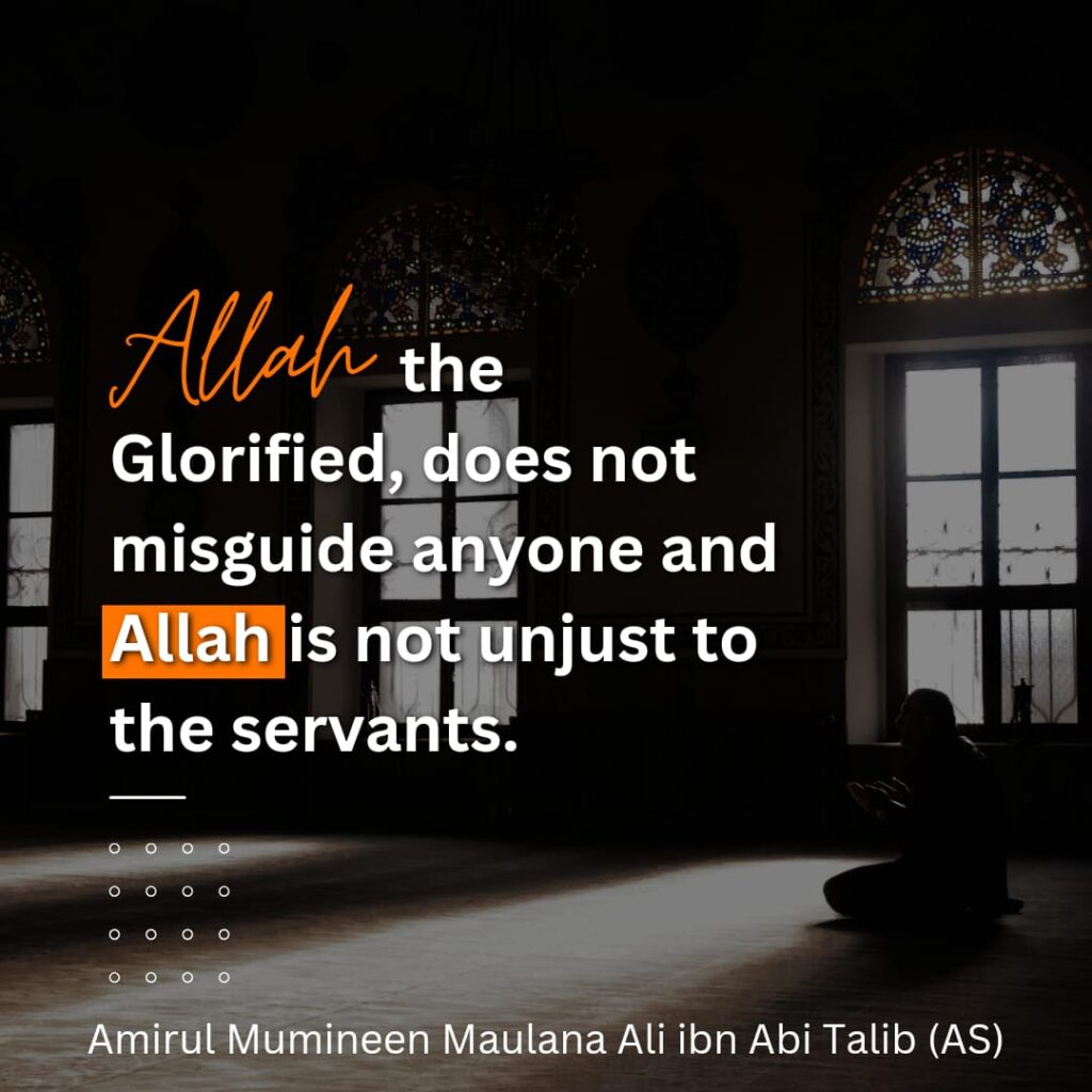 Allah the glorified, does not misguide anyone and Allah is not unjust to the servants. - Amirul Mumineen Maulana Ali ibn Abi Talib (AS)