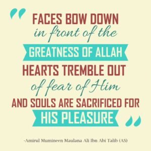 Faces bow down in front of the greatness of Allah, hearts tremble out of fear of Him and souls are sacrificed for His pleasure. - Amirul Mumineen Maulana Ali ibn Abi Talib (AS)