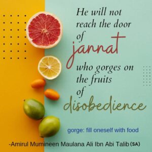 He will not reach the door of jannat who gorges on the fruits of disobedience. - Amirul Mumineen Maulana Ali ibn Abi Talib (SA)